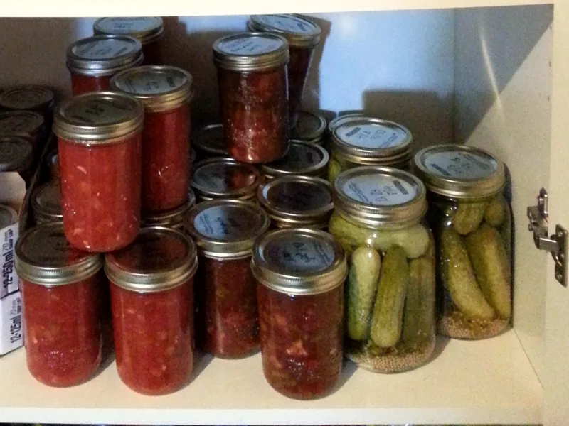 Home-canned jars of red tomato sauce stacked on a pantry shelf alongside other preserved jars, the cropped view centred on the tomato sauce jars
