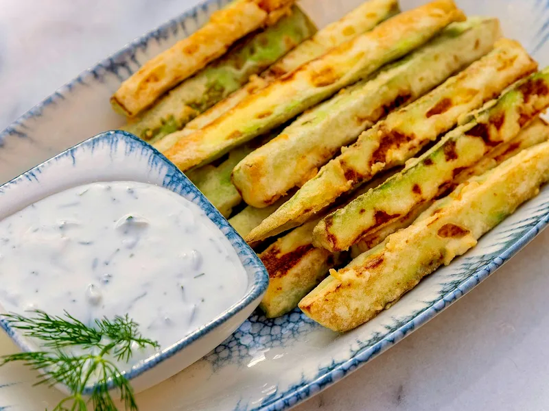 Air fryer zucchini fries with crispy Parmesan panko crust and dipping sauce